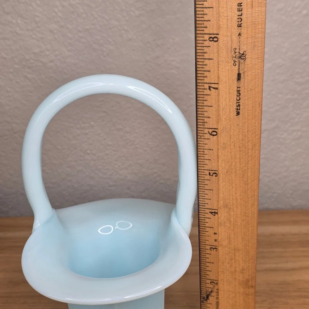 Vintage Fenton Pastel Blue Opaque Milk Glass Paneled Art Glass Basket 7